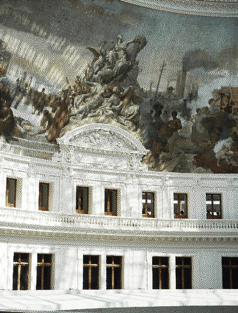 Dithered photograph of the Bourse de Commerce in Paris: white classical facade under a painted dome